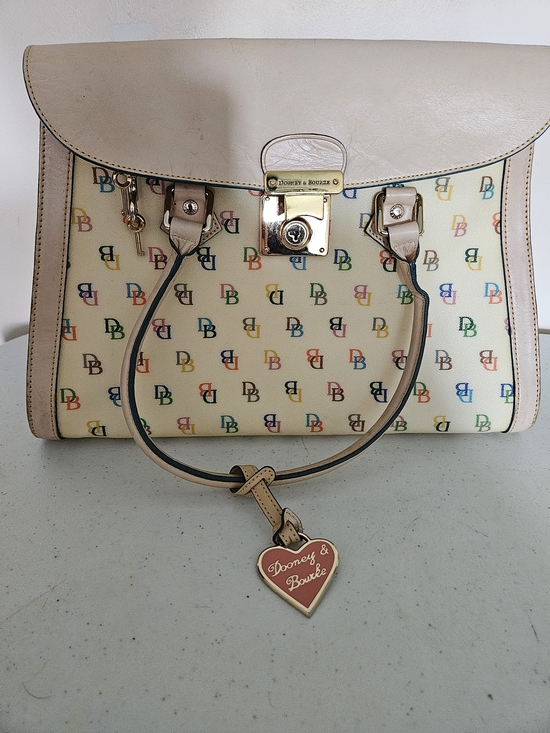 Dooney & Bourke Handbags - Dooney & Bourke Cream Multicolor DB Logo Satchel with Heart Tag